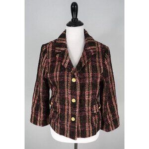 Sandro Sportswear Brown Pink Black Textured Plaid Button Up Blazer Jacket Large